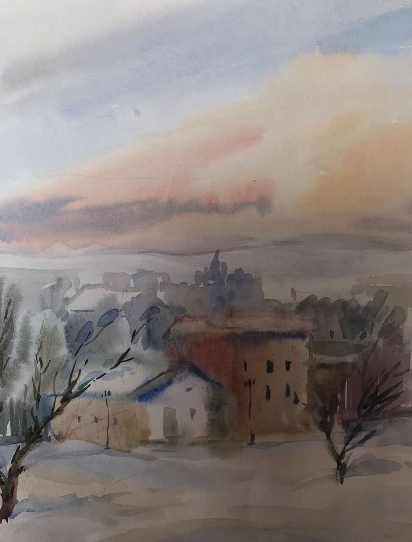 Watercolor painting Winter in the city Unknown artist - 4