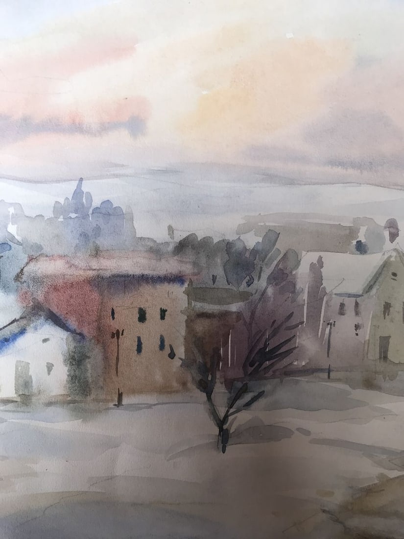 Watercolor painting Winter in the city Unknown artist - 7