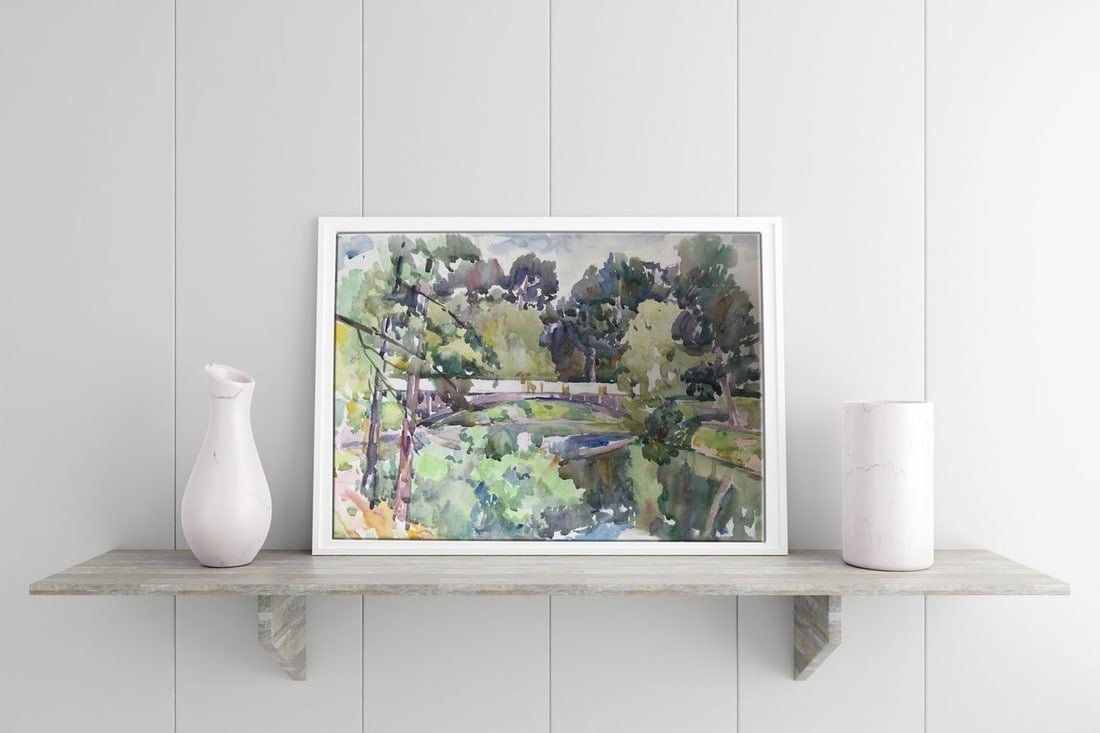 Watercolor painting City park with a bridge Unknown artist - 3