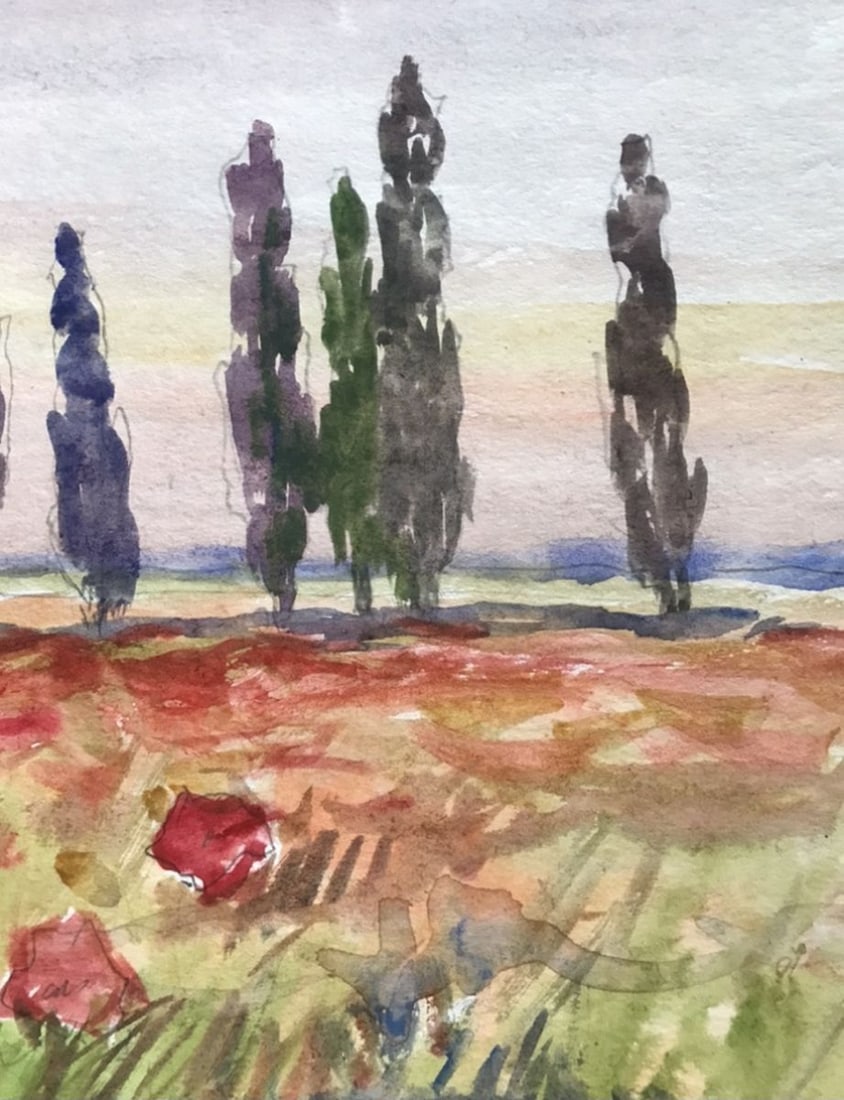 Watercolor painting Poppy field Unknown artist - 10