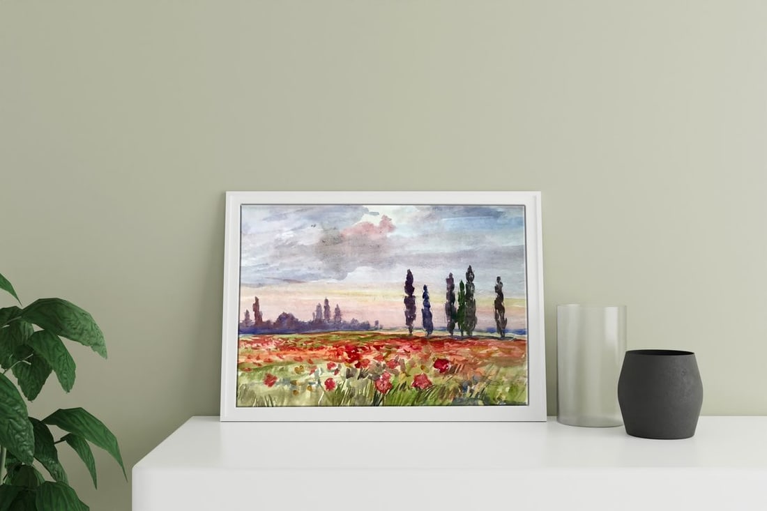 Watercolor painting Poppy field Unknown artist - 2