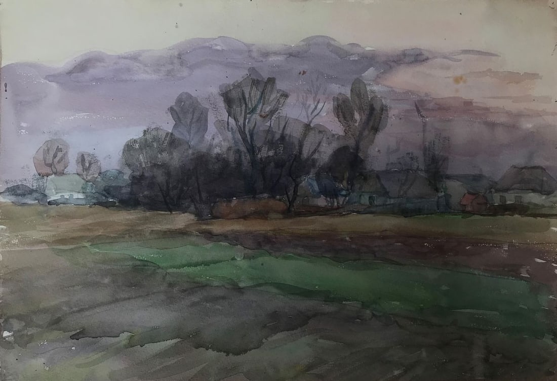 Watercolor painting Rural landscape Unknown artist: Title: Watercolor painting Rural landscape Unknown artist Description: NoAAA2335 This painting, called "Rural landscape", captures the beauty and peace of a rural scene. The painting shows a field wit