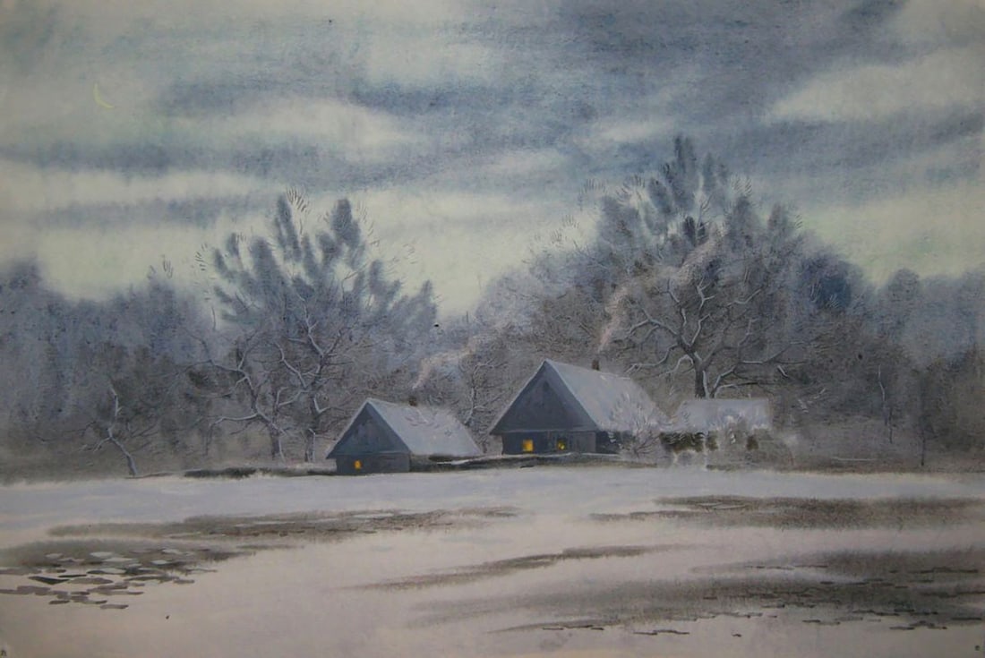 Watercolor painting Winter village Valery Savenets: Title: Watercolor painting Winter village Valery Savenets Description: NoSav 407*** ABOUT THIS PAINTING **** TITLE: "Winter village"* ARTISTS: Valery Savenets* SIZE: 30x45 cm/'11.81x17.71 inches'* MED