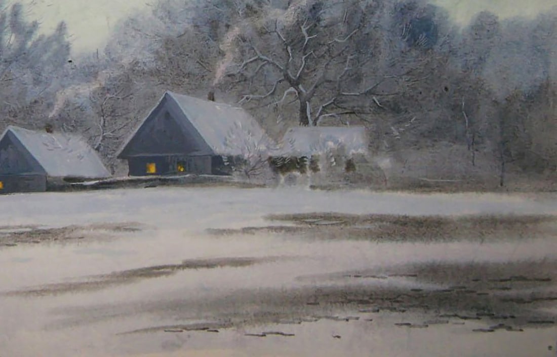 Watercolor painting Winter village Valery Savenets - 2