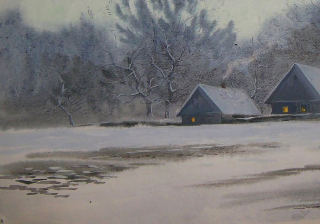 Watercolor painting Winter village Valery Savenets - 3