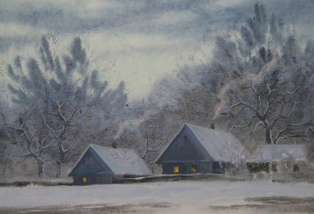 Watercolor painting Winter village Valery Savenets - 6
