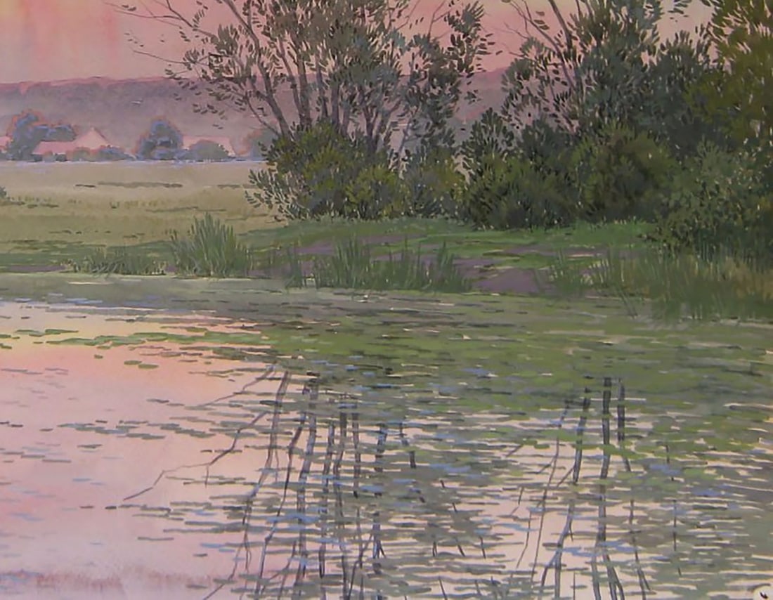Watercolor painting Sunset over the river Valery Savenets - 2
