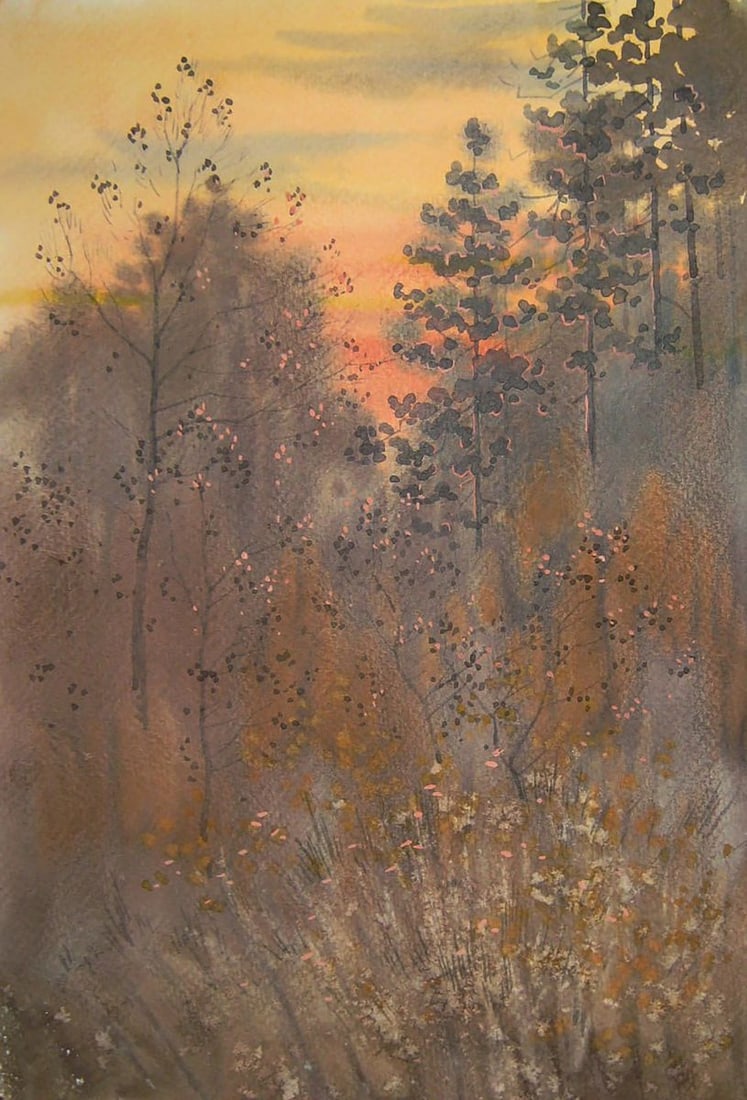 Watercolor painting Autumn twilight in the forest Valery Savenets (1 of 6)