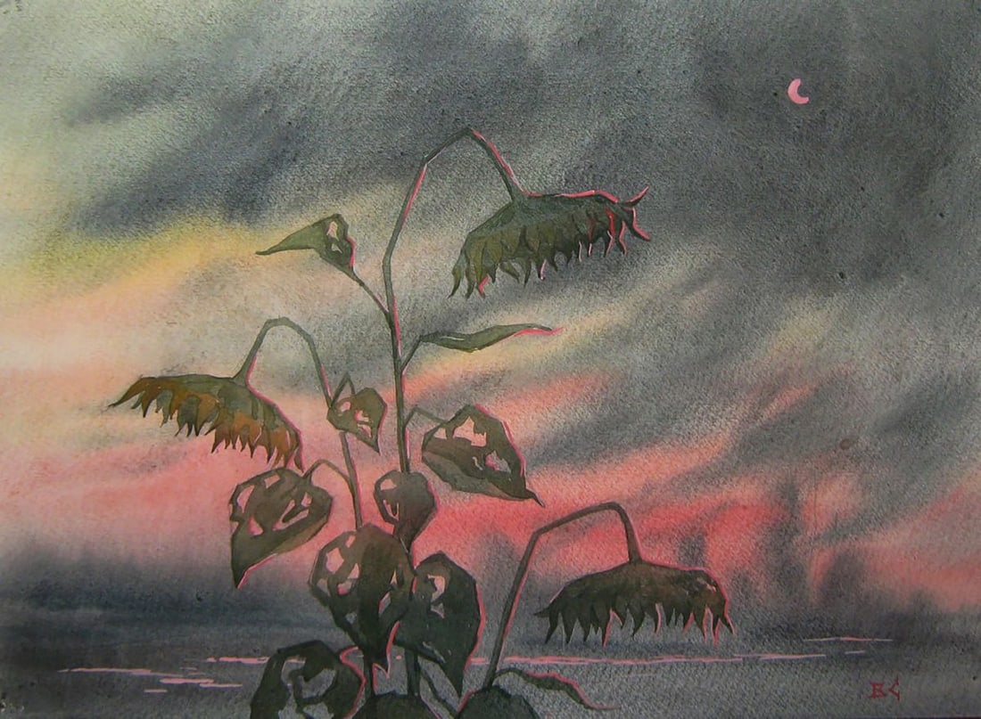 Watercolor painting Sunflower at sunset Valery Savenets: Title: Watercolor painting Sunflower at sunset Valery Savenets Description: NoSav 417*** ABOUT THIS PAINTING **** TITLE: "Sunflower at sunset"* ARTISTS: Valery Savenets* SIZE: 22x30 cm/'8.66x11.81 inc