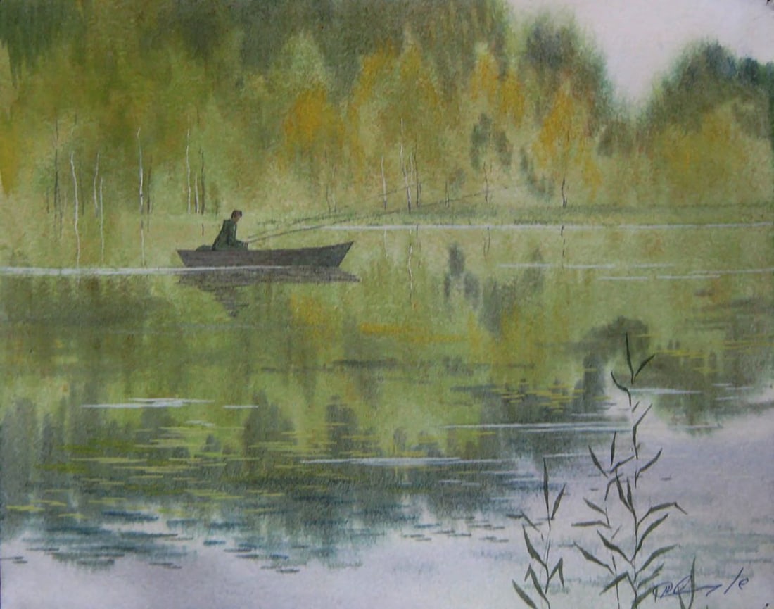 Watercolor painting A man is fishing on a boat Valery Savenets: Title: Watercolor painting A man is fishing on a boat Valery Savenets Description: NoSav 421*** ABOUT THIS PAINTING **** TITLE: "A man is fishing on a boat"* ARTISTS: Valery Savenets* SIZE: 24x30 cm/'