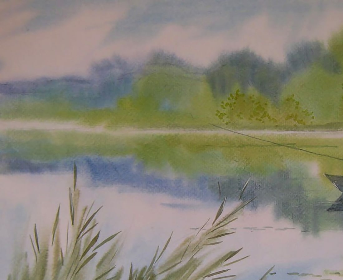 Watercolor painting Early morning fishing in nature Valery Savenets - 4