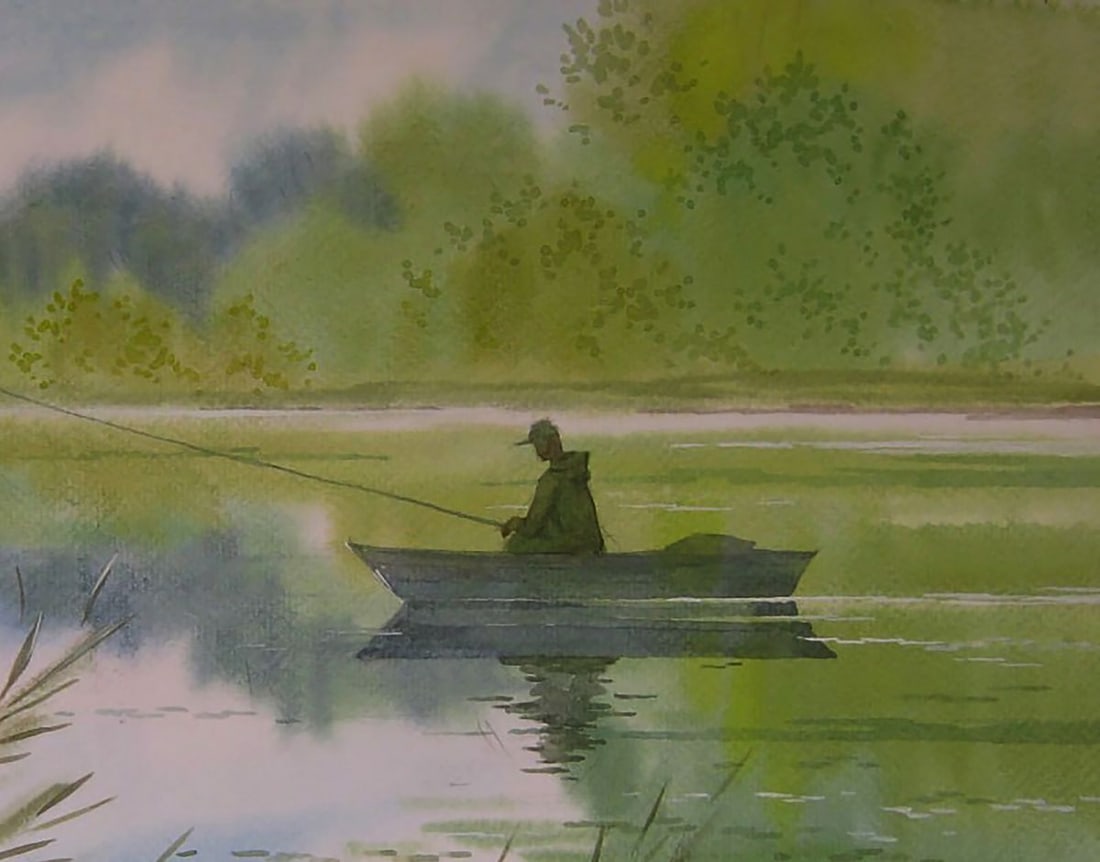 Watercolor painting Early morning fishing in nature Valery Savenets - 5