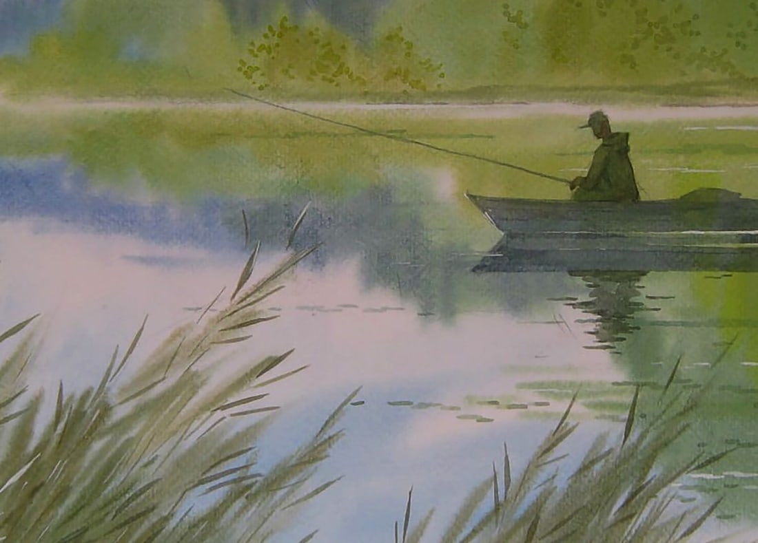Watercolor painting Early morning fishing in nature Valery Savenets - 6