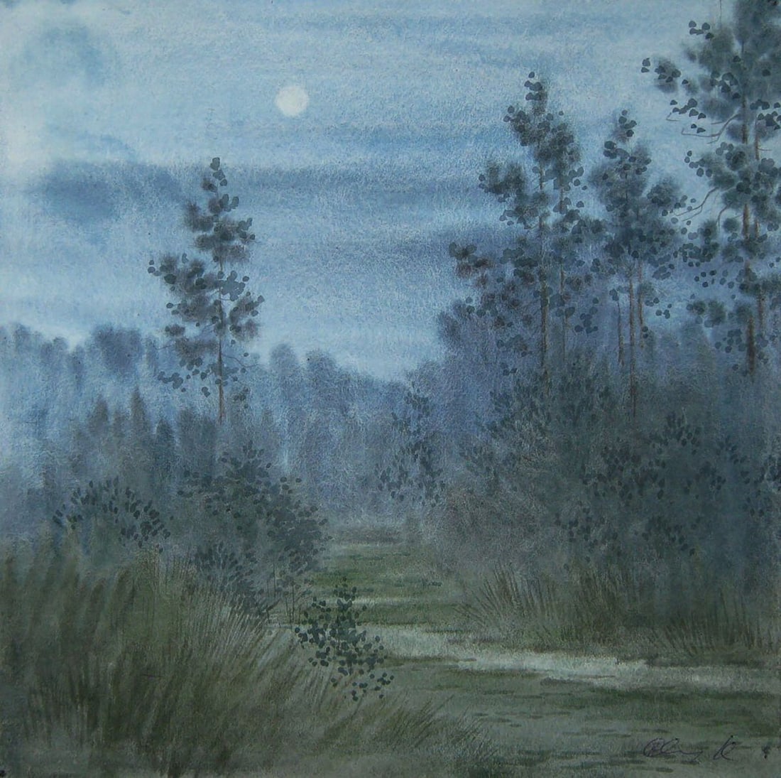 Watercolor painting Moonlit Night Valery Savenets: Title: Watercolor painting Moonlit Night Valery Savenets Description: NoSav 423*** ABOUT THIS PAINTING **** TITLE: "Moonlit Night"* ARTISTS: Valery Savenets* SIZE: 30x30 cm/'11.81x11.81 inches'* MEDIU