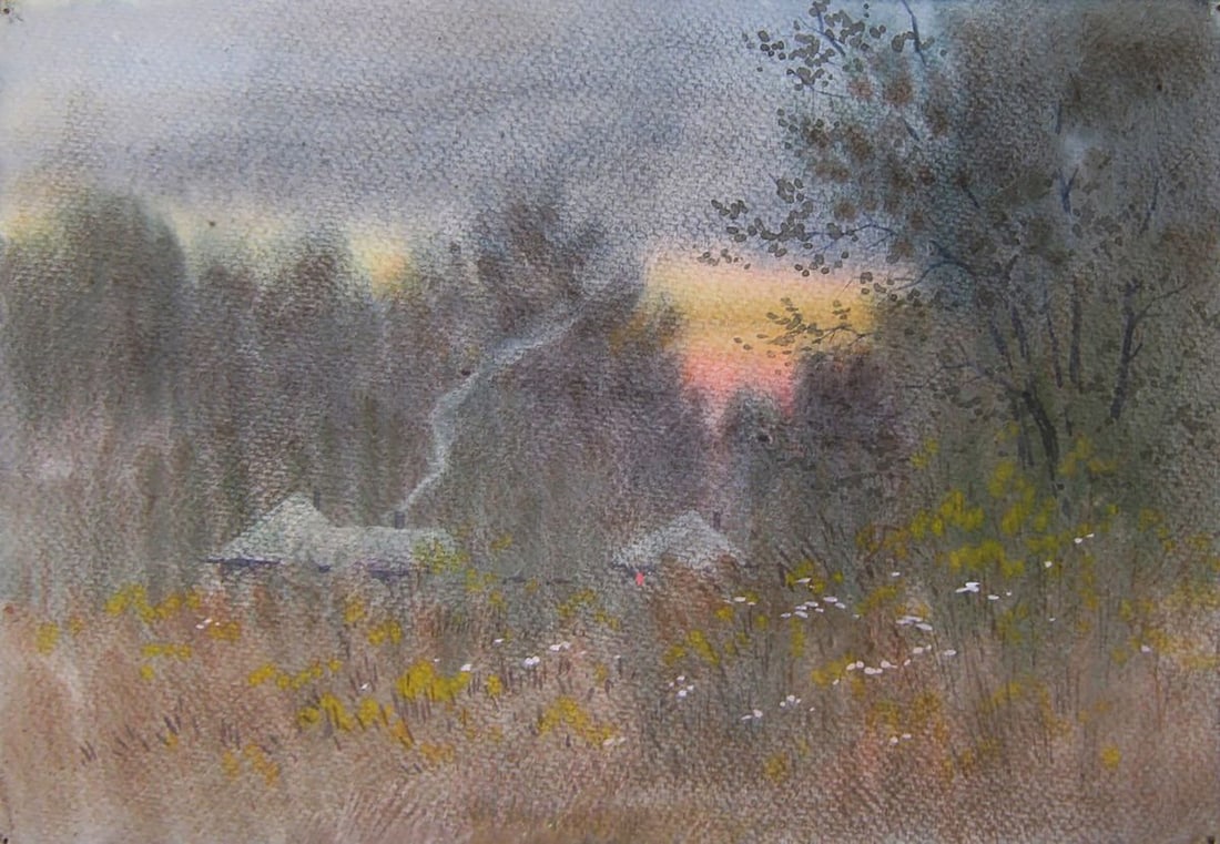 Watercolor painting Autumn evening in the village Valery Savenets (1 of 6)