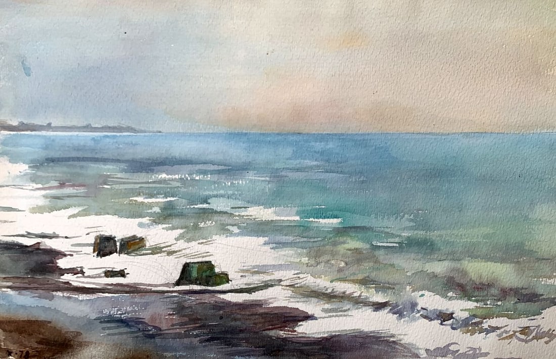 Watercolor painting Sea silence Unknown artist: Title: Watercolor painting Sea silence Unknown artist Description: NoAAA3519The watercolor painting titled "Sea Silence" is a serene and evocative depiction of the tranquil beauty of the sea. With its