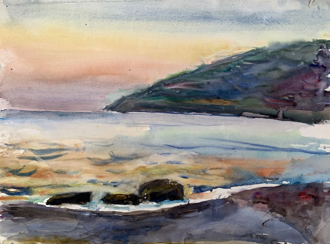 Watercolor painting Sea sunset Unknown artist: Title: Watercolor painting Sea sunset Unknown artist Description: NoAAA3520The watercolor painting titled "Sea Sunset" masterfully captures the tranquil beauty of a serene coastal evening. The artist 