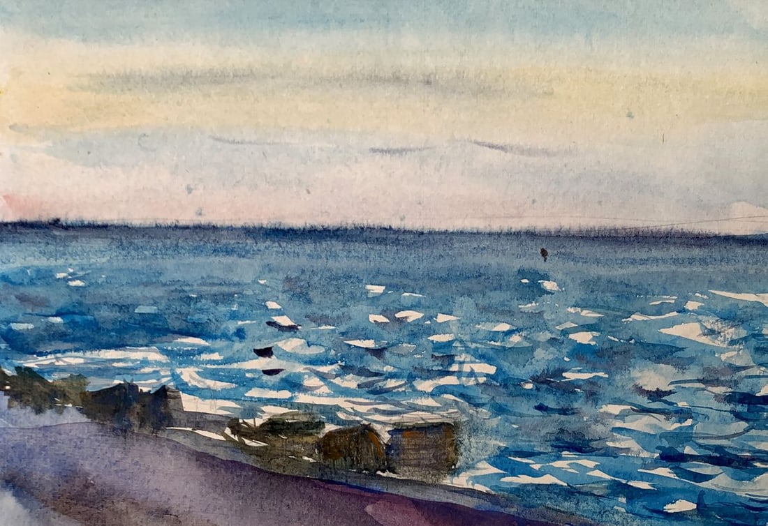 Watercolor painting With a view of the sea Unknown artist: Title: Watercolor painting With a view of the sea Unknown artist Description: NoAAA3522The watercolor painting titled "With a View of the Sea" portrays a tranquil and serene seascape that captures