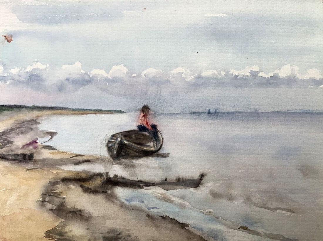 Watercolor painting Waiting for a man Unknown artist: Title: Watercolor painting Waiting for a man Unknown artist Description: NoAAA3523The watercolor painting titled "Waiting for a Man" captures a deeply evocative and contemplative moment by the sea. A