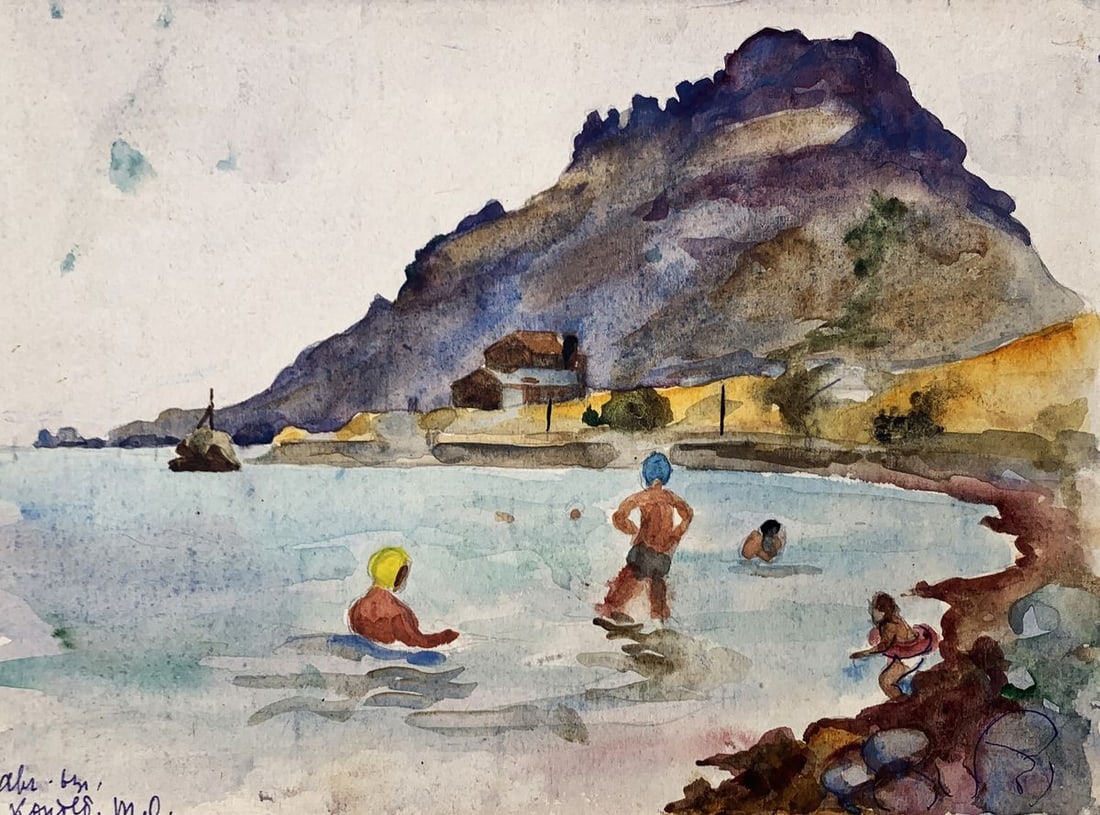 Watercolor painting Swimming in the sea Unknown artist: Title: Watercolor painting Swimming in the sea Unknown artist Description: NoAAA3525The watercolor painting titled "Swimming in the Sea" captures a lively and sunlit seaside scene where people are enj