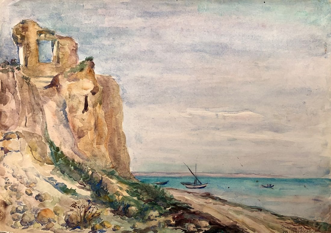 Watercolor painting Ruins by the coast Unknown artist: Title: Watercolor painting Ruins by the coast Unknown artist Description: NoAAA3526The watercolor painting titled "Ruins by the Coast" beautifully captures the essence of a serene coastal landscape in