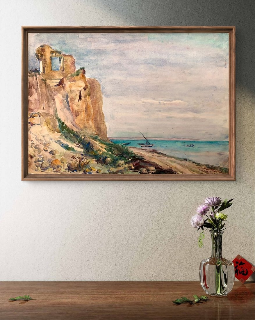 Watercolor painting Ruins by the coast Unknown artist - 2