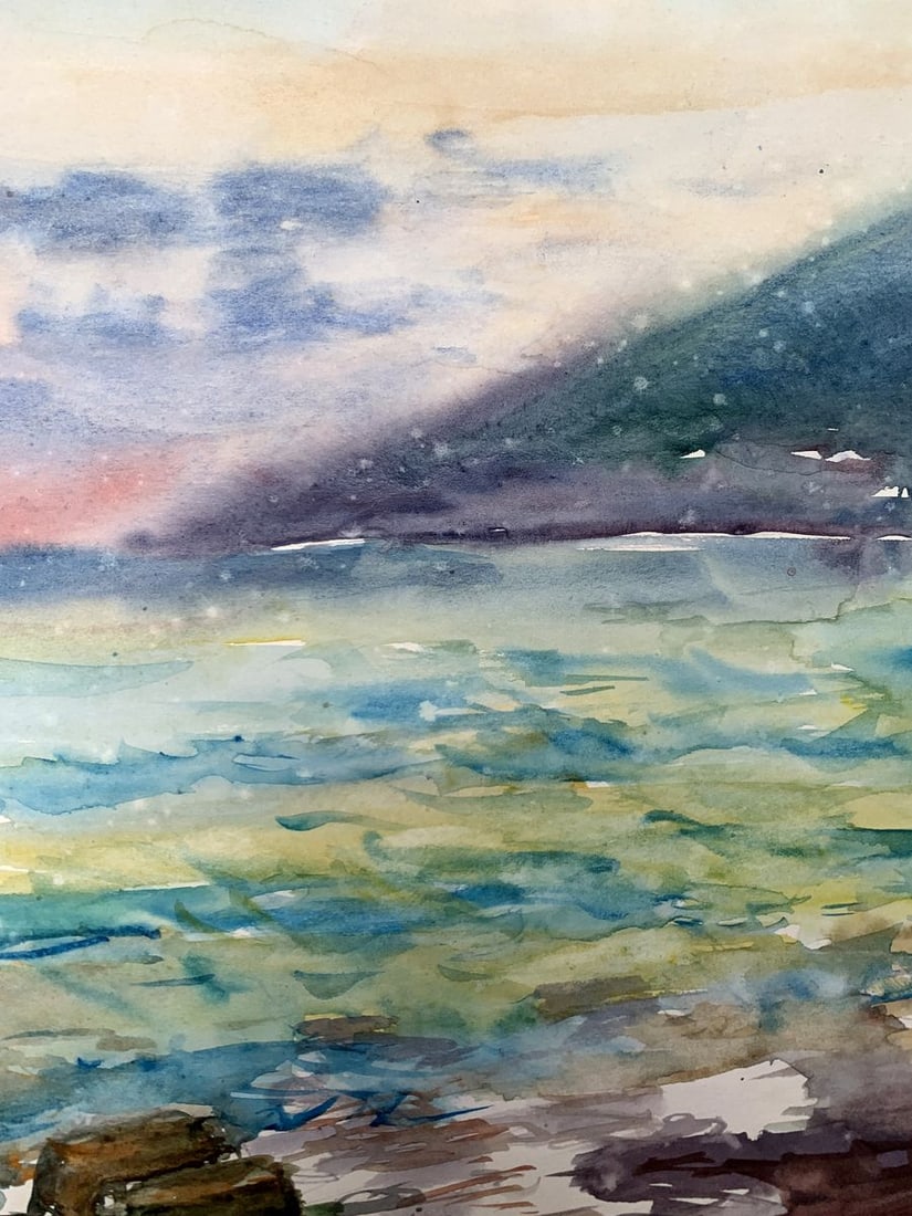 Watercolor painting Orange Sunset Unknown artist - 10