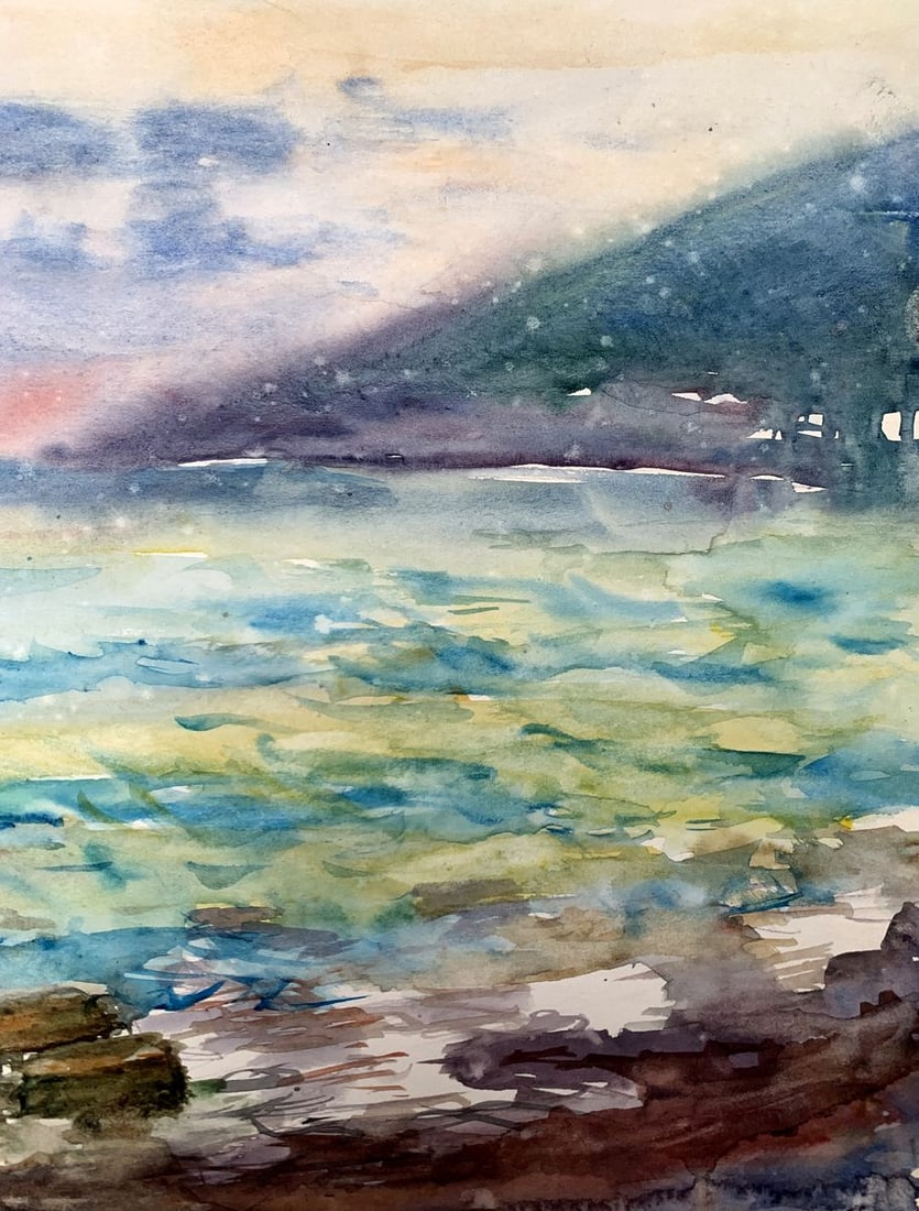 Watercolor painting Orange Sunset Unknown artist - 11
