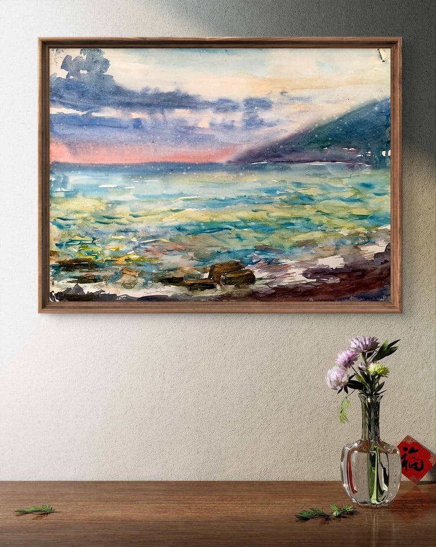 Watercolor painting Orange Sunset Unknown artist - 2