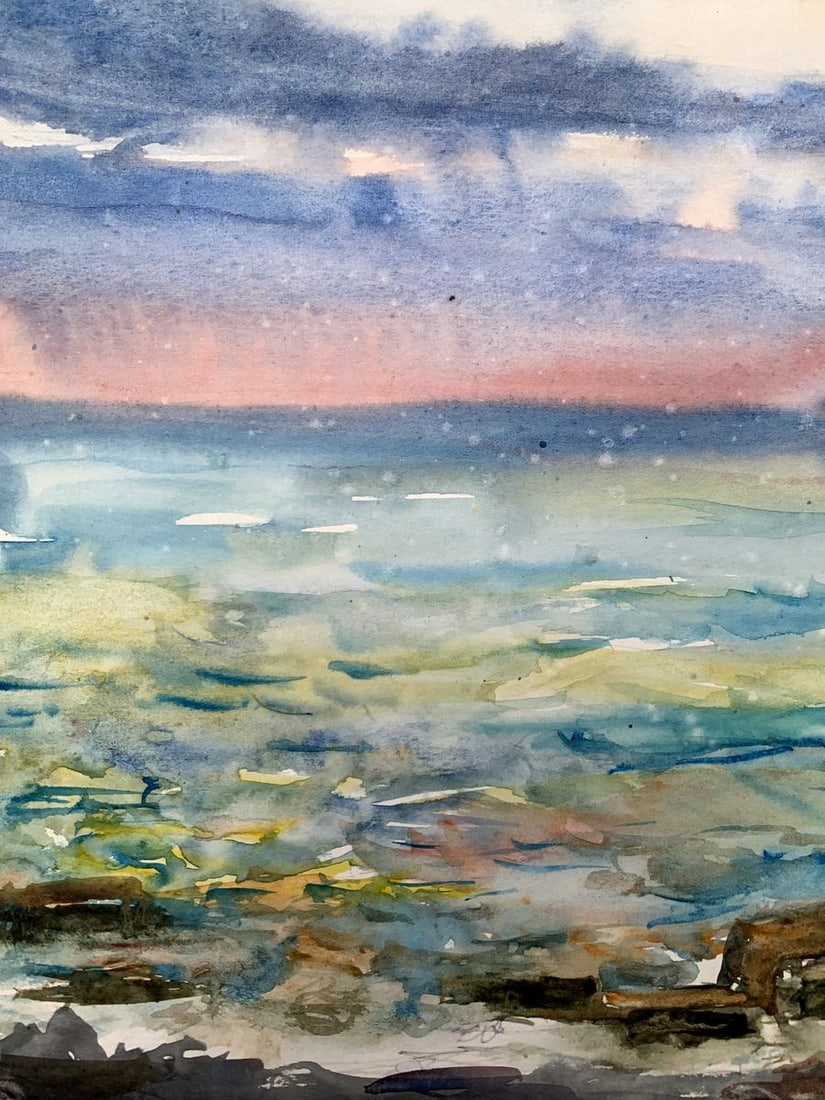 Watercolor painting Orange Sunset Unknown artist - 5