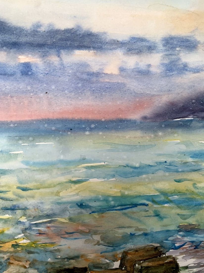 Watercolor painting Orange Sunset Unknown artist - 6