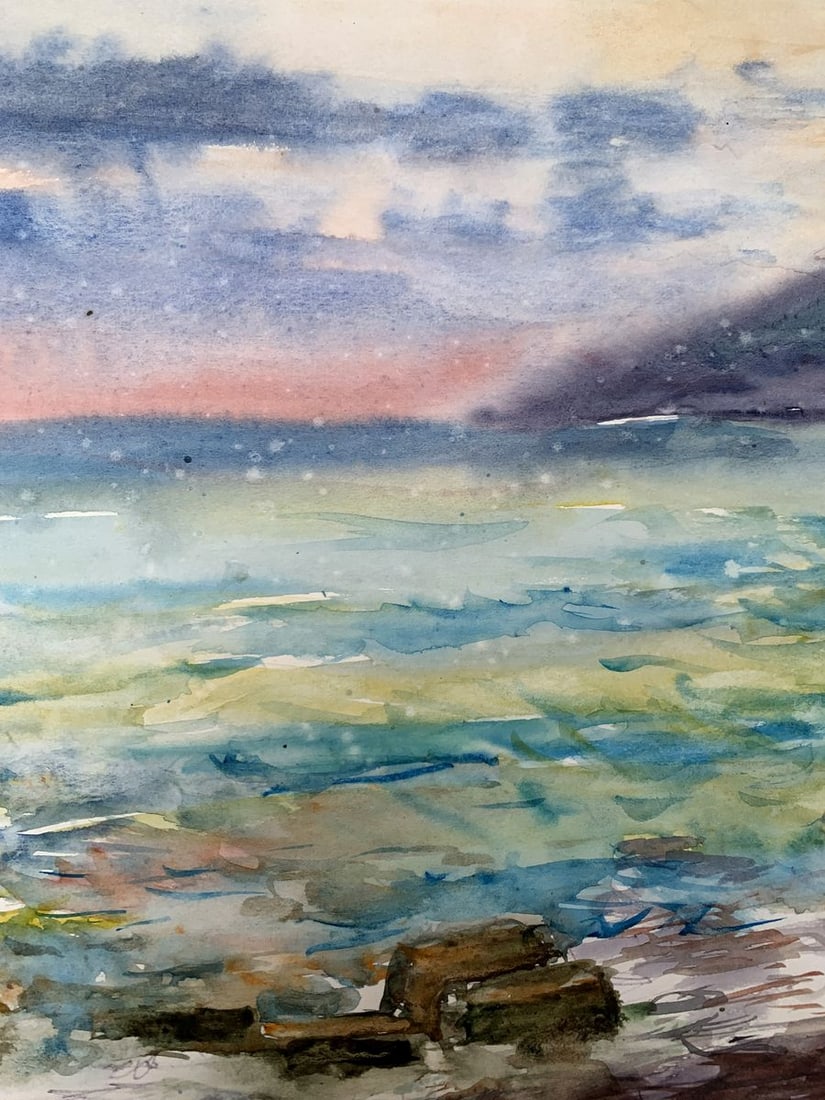 Watercolor painting Orange Sunset Unknown artist - 7