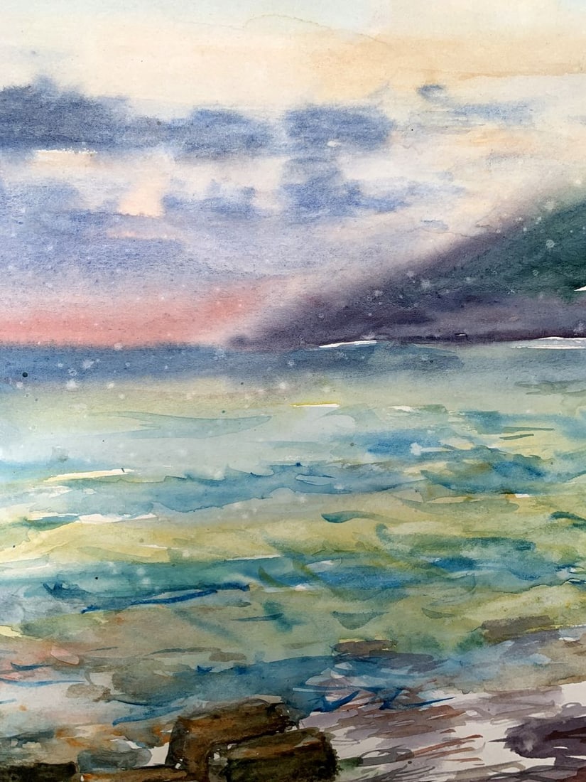Watercolor painting Orange Sunset Unknown artist - 8