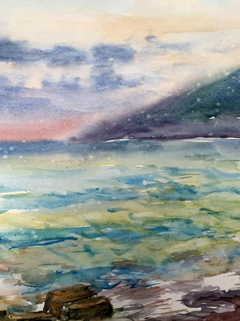 Watercolor painting Orange Sunset Unknown artist - 9
