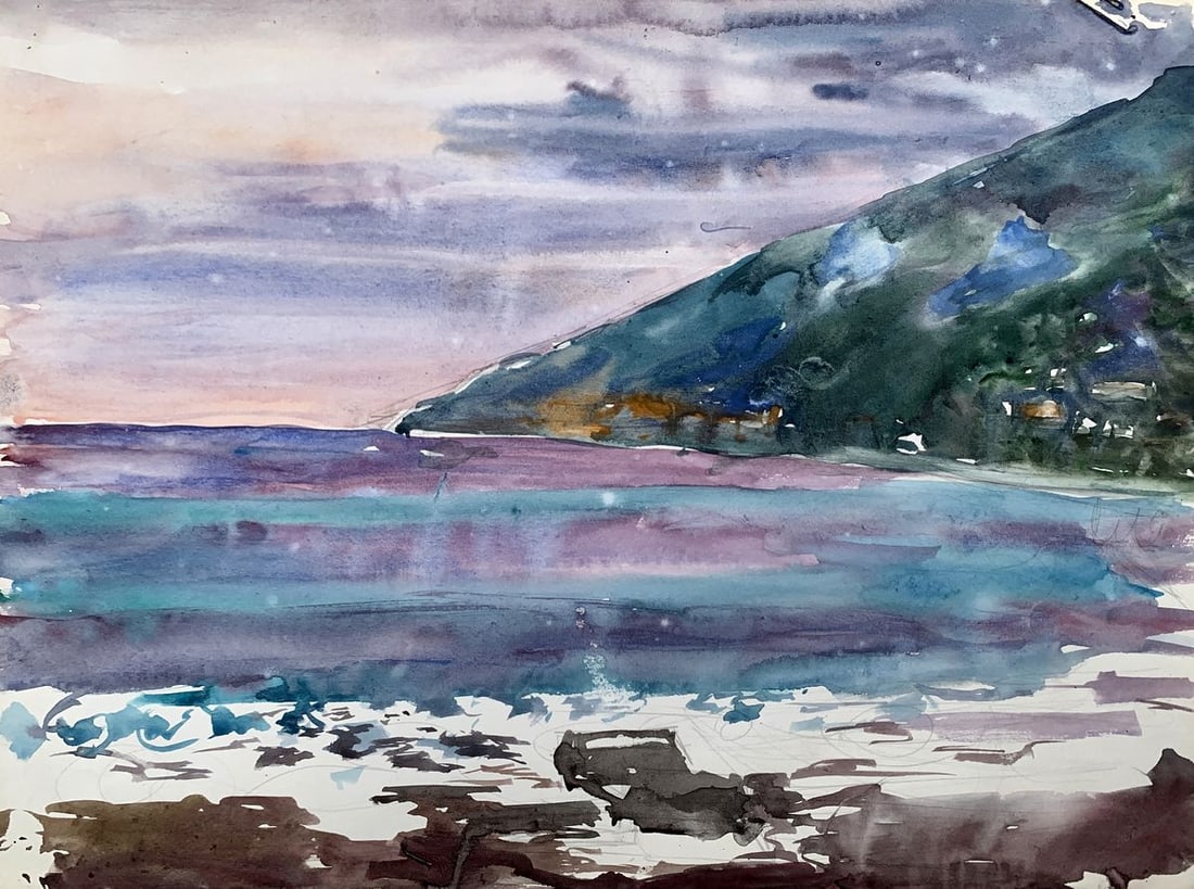 Watercolor painting The sun behind the clouds Unknown artist: Title: Watercolor painting The sun behind the clouds Unknown artist Description: NoAAA3535The watercolor painting titled "The Sun Behind the Clouds" captures a serene coastal landscape where the inter