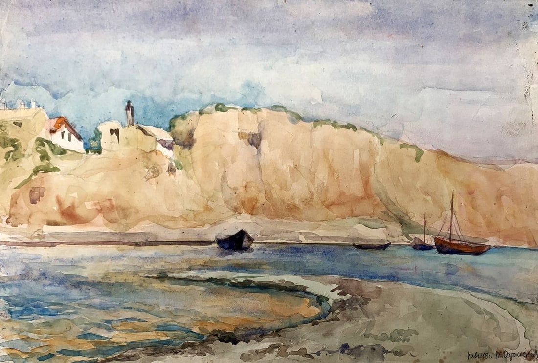 Watercolor painting Boats on the shore Unknown artist: Title: Watercolor painting Boats on the shore Unknown artist Description: NoAAA3536The watercolor painting titled "Boats on the Shore" captures a serene coastal scene where the interplay between the l