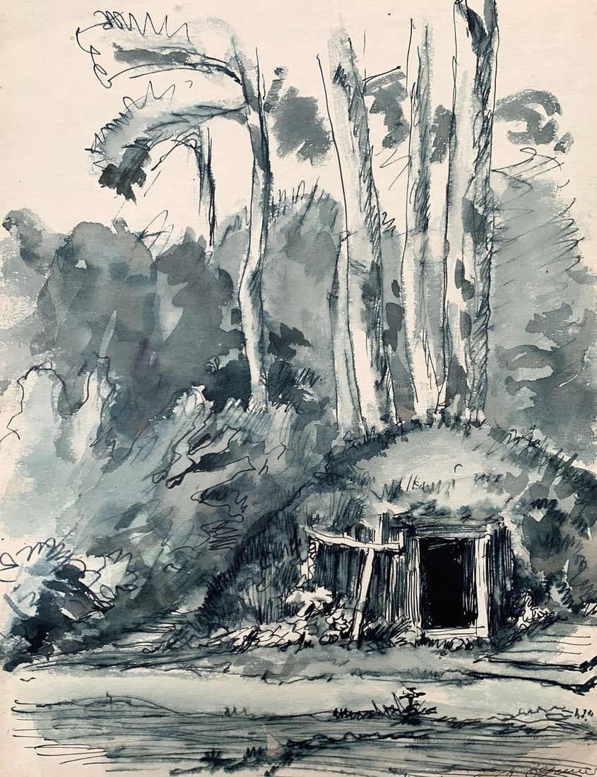 Watercolor painting The way to the dugout Unknown artist: Title: Watercolor painting The way to the dugout Unknown artist Description: NoAAA3542The watercolor painting titled "The Way to the Dugout" captures a poignant scene nestled in the heart of a