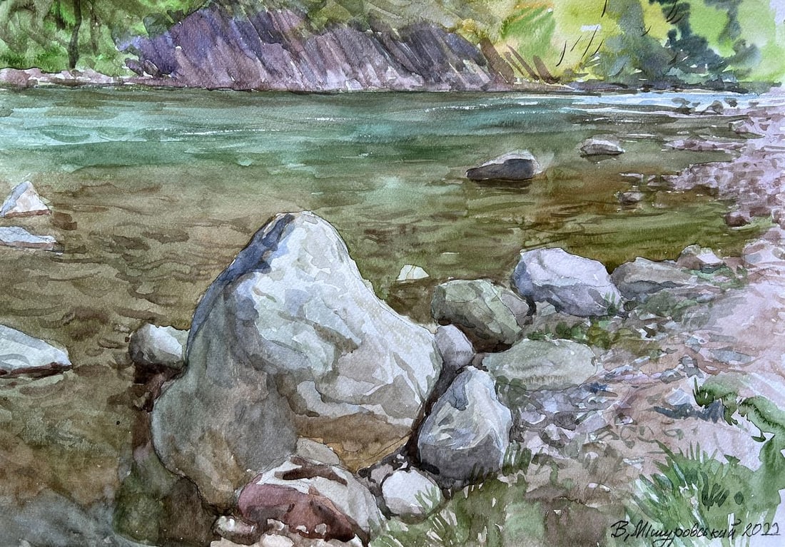 Watercolor painting Stones in the river V. Mishurovsky (1 of 8)