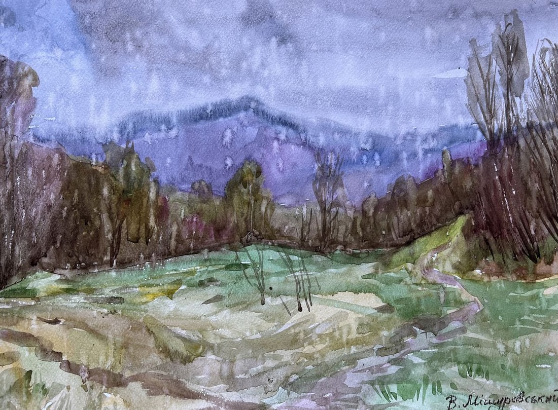 Watercolor painting Rain in the Carpathians V. Mishurovsky: Title: Watercolor painting Rain in the Carpathians V. Mishurovsky Description: No188"Rain in the Carpathians" by Viktor Myshurovsky is a tranquil and atmospheric depiction of a rainy day in the