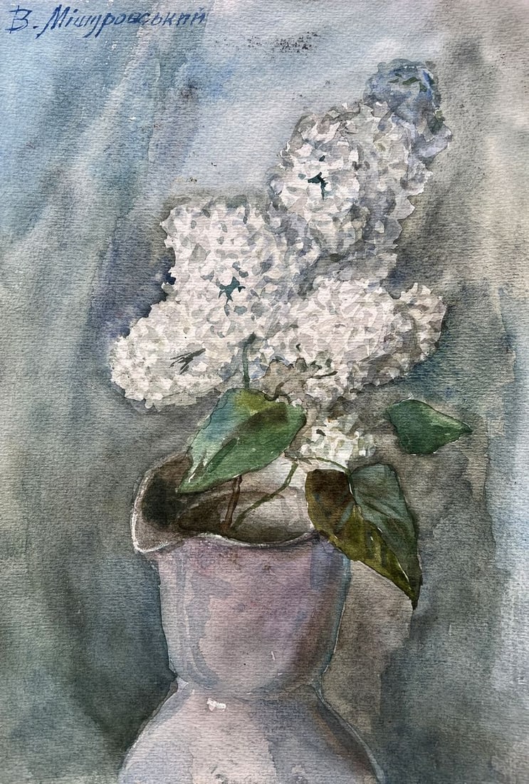 Watercolor painting White lilac V. Mishurovsky: Title: Watercolor painting White lilac V. Mishurovsky Description: No194"White Lilac" by Viktor Myshurovsky is a delicate and intimate watercolor painting that captures the simple beauty of white