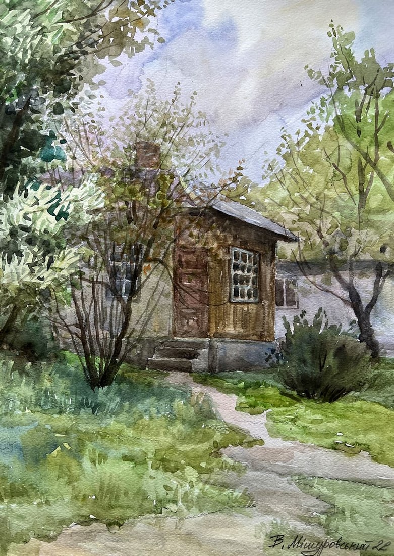 Watercolor painting Spring in the yard V. Mishurovsky: Title: Watercolor painting Spring in the yard V. Mishurovsky Description: No196"Spring in the Yard" by Viktor Myshurovsky is a charming watercolor painting that captures the serene and inviting