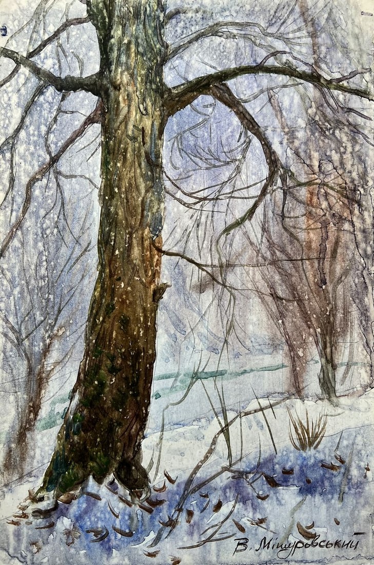Watercolor painting It was snowing quietly V. Mishurovsky: Title: Watercolor painting It was snowing quietly V. Mishurovsky Description: No199"It was Snowing Quietly" by Viktor Myshurovsky is a serene and evocative painting that captures the tranquil beauty