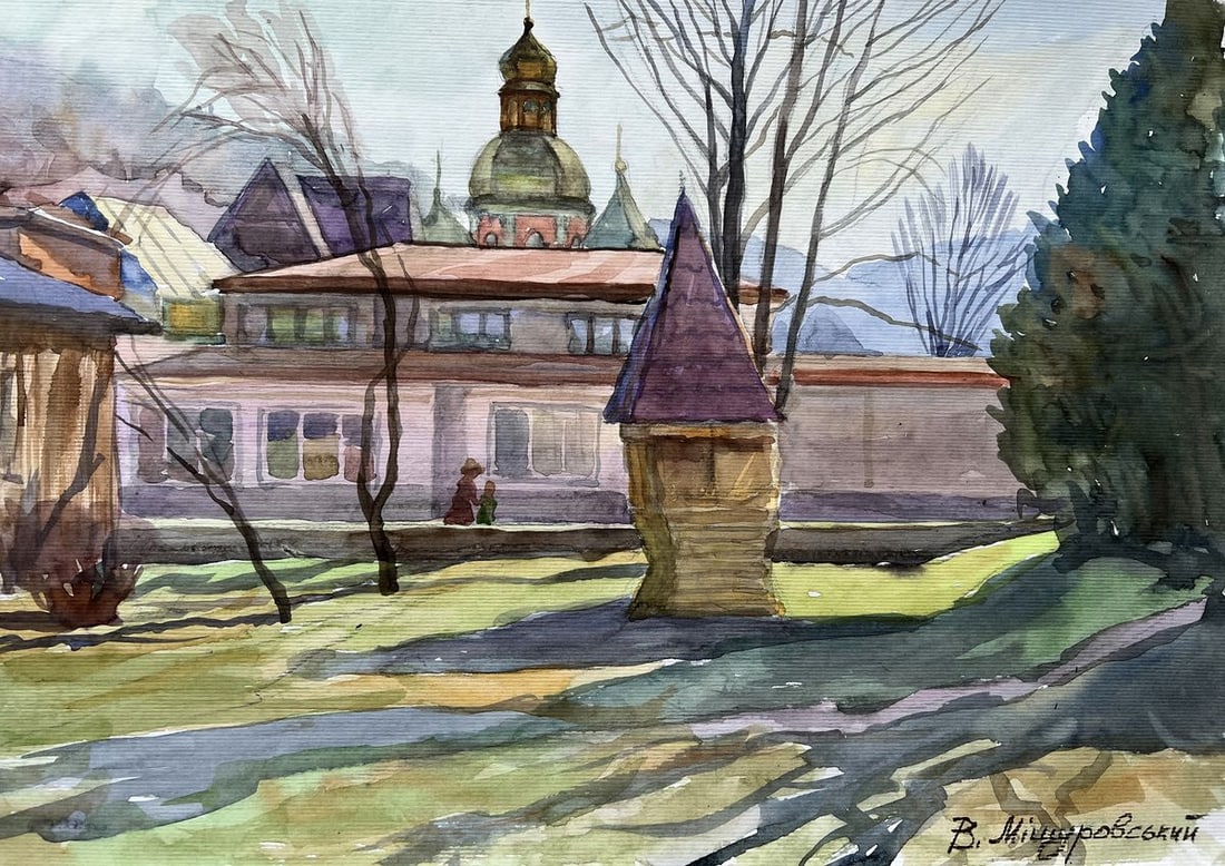 Watercolor painting The yard in the church V. Mishurovsky: Title: Watercolor painting The yard in the church V. Mishurovsky Description: No200"The Yard in the Church" by Viktor Myshurovsky captures a serene and contemplative scene within the confines of a