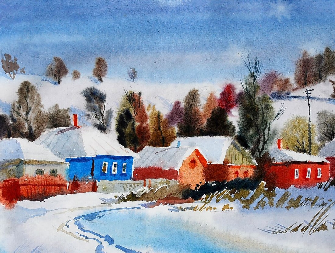 Watercolor painting Winter landscape Egor Ktpatunov - 2
