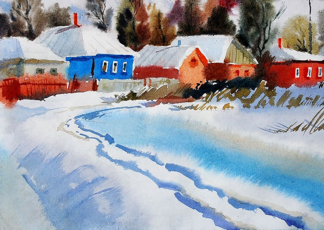 Watercolor painting Winter landscape Egor Ktpatunov - 4