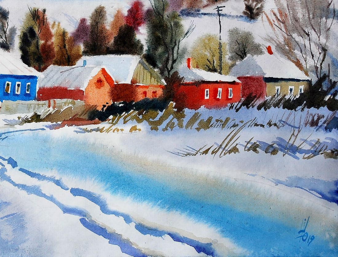 Watercolor painting Winter landscape Egor Ktpatunov - 5