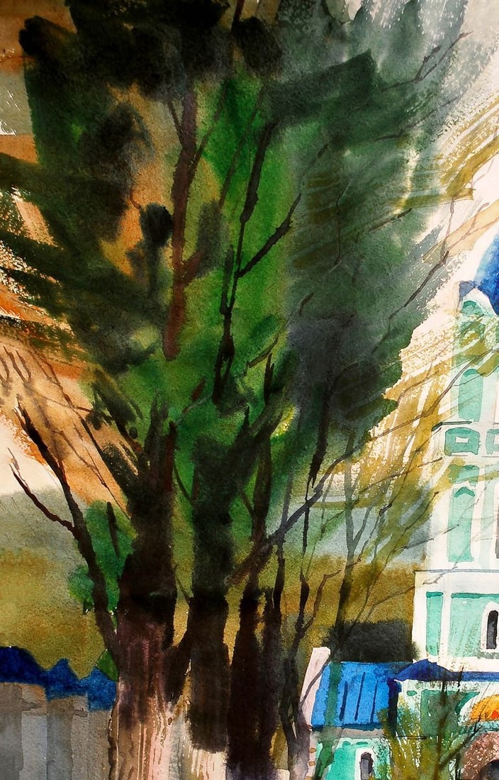 Watercolor painting Landscape with a church Egor Ktpatunov - 2