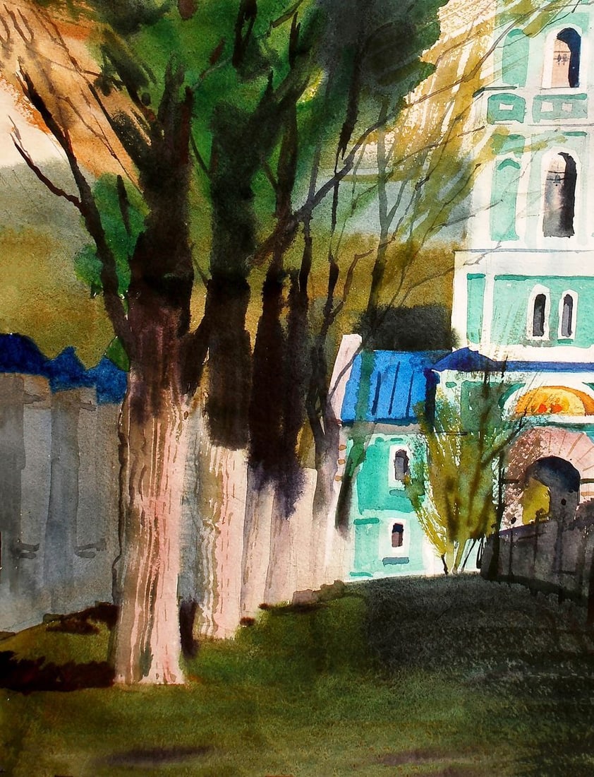 Watercolor painting Landscape with a church Egor Ktpatunov - 3