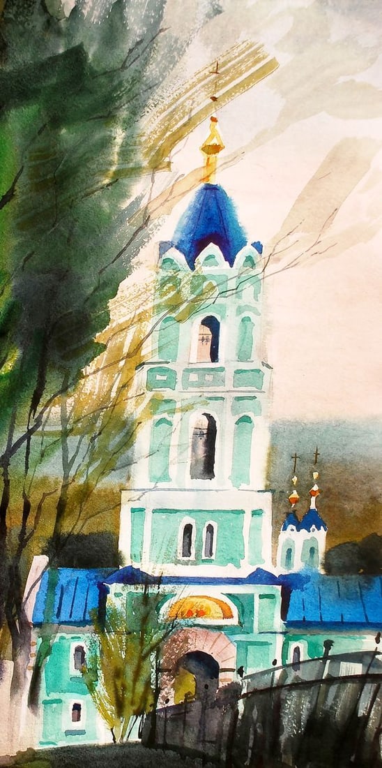 Watercolor painting Landscape with a church Egor Ktpatunov - 4