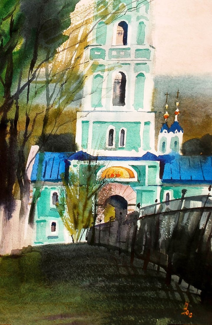 Watercolor painting Landscape with a church Egor Ktpatunov - 5